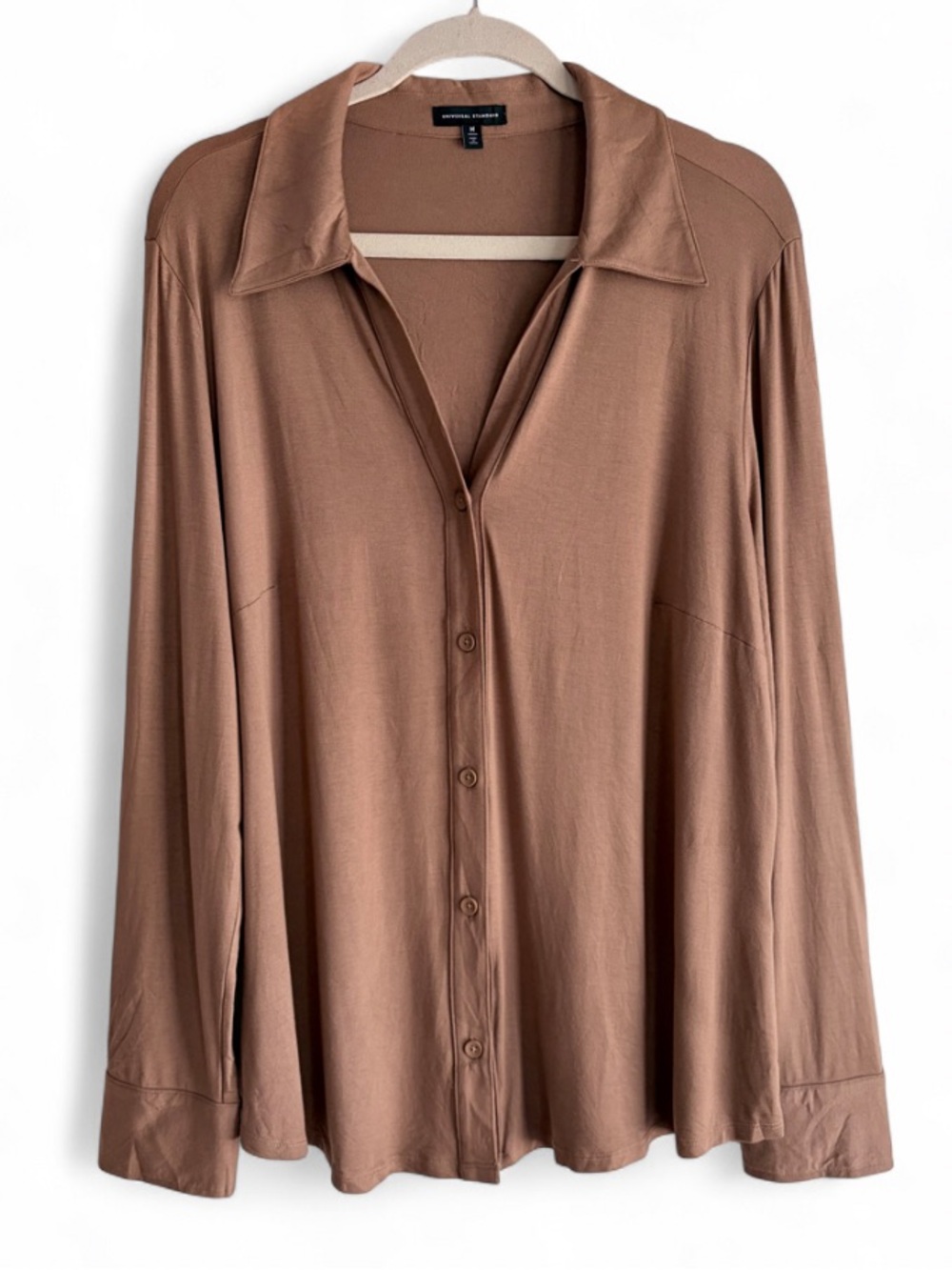 Universal Standard Brown Long Sleeve Button Down Rayon Knit Shirt Size M